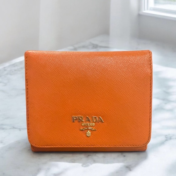 Prada Accessories - PRADA Saffiano Leather Bifold Wallet Orange Gold Logo Designer Authentic Compact